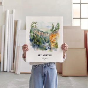 May include: A watercolor painting of Spearfish Canyon, a scenic canyon in South Dakota. The painting depicts a waterfall cascading down a rocky cliffside, surrounded by lush green trees. The text "Spearfish Canyon" is printed below the image.