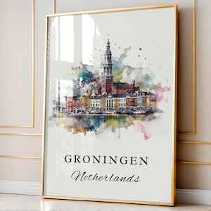 Arte tradicional de viagem de Groningen - Holanda, pôster de Groningen, presente de casamento, presente de aniversário, texto personalizado, presente personalizado
