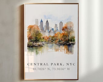 Central Park NYC traditional travel art - New York City, Central Park poster, Wedding gift, Birthday present, Custom Text, Personalized Gift