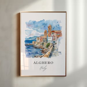 Arte mural de Alghero, Italia, impresión de Alghero, Cerdeña, acuarela de Alghero, regalo de Alghero, Cerdeña, póster de viaje, regalo de inauguración de la casa