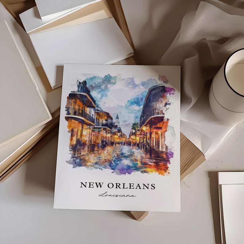 Arte mural de Nueva Orleans, impresión de Nueva Orleans, acuarela de Nueva Orleans, regalo de Bourbon Street, póster de viaje, regalo de inauguración de la casa imagen 2