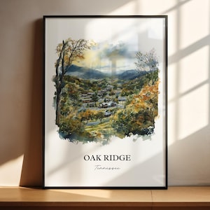 May include: Watercolor painting of a town in the mountains with trees and a blue sky. The text "OAK RIDGE Tennessee" is at the bottom of the painting.