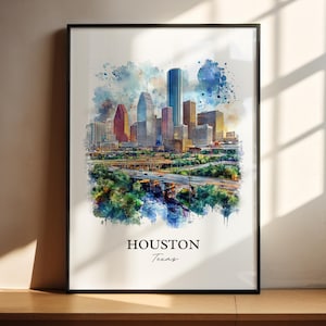 Houston TX Wall Art, Houston Print, Houston Watercolor Art, Houston Skyline Gift, Travel Print, Travel Poster, Housewarming Gift