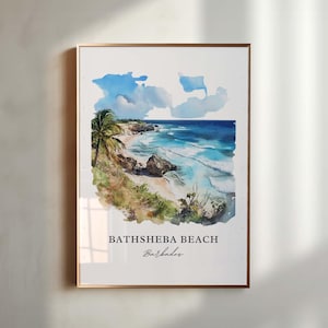 May include: A watercolor painting of Bathsheba Beach in Barbados. The painting shows a rocky coastline with turquoise water and a palm tree in the foreground.