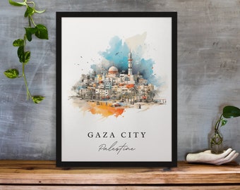 Puede incluir: Una pintura de acuarela del horizonte de la ciudad de Gaza, que presenta una mezquita con un alto minarete y otros edificios. La pintura está sobre un fondo azul y naranja con el texto "GAZA CITY Palestine" debajo.