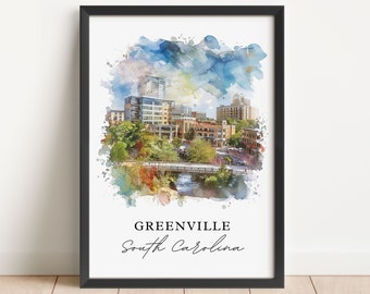 May include: A watercolor painting of the Greenville, South Carolina skyline. The painting features a bridge over a river, buildings, and trees. The painting is set against a blue sky with white clouds.