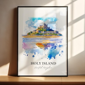 Holy Island Wall Art, Northumberland Print, England Watercolor Art, Holy Island UK Gift, Travel Print, Travel Poster, Housewarming Gift