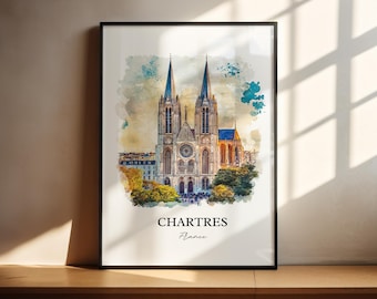 Chartres Wall Art, Chartres Print, France Watercolor Art, Chartres France Gift, Travel Print, Travel Poster, Housewarming Gift
