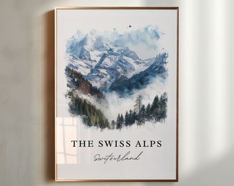 Schweizer Alpen Aquarell Kunstdruck, Schweiz Reiseplakat