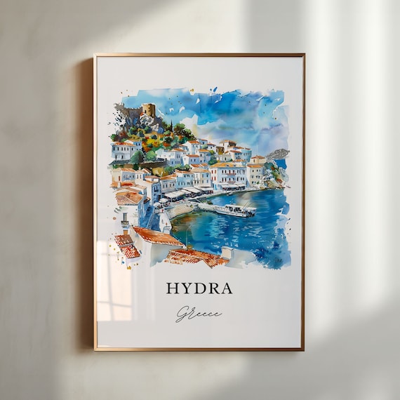 ギリシャ、イドラ島の水彩画アートプリント、サロニコス諸島旅行