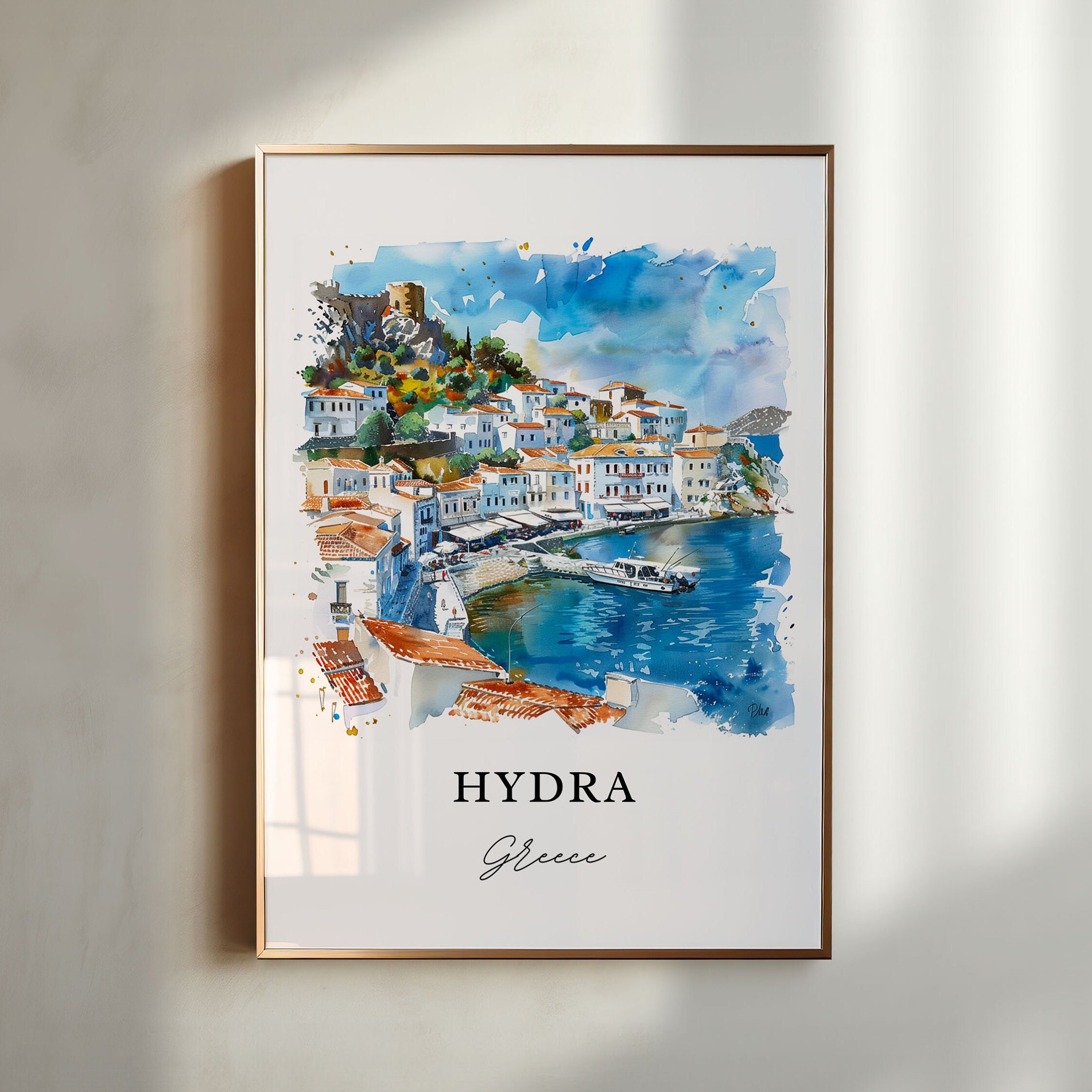 ギリシャ、イドラ島の水彩画アートプリント、サロニコス諸島旅行