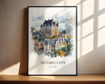 May include: A watercolor painting of the Chateau Frontenac in Quebec City, Canada. The painting is in a black frame and has a white background.