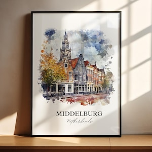 Middelburg Niederlande Kunst, Zeeland Druck, Niederlande Aquarell, Middelburg NLD Geschenk, Reisedruck, Reiseposter, Housewarminggeschenk