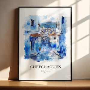 シェフシャウエンの壁アート、ブルーシティ・モロッコのプリント、モロッコの水彩画、シェフシャウエンギフト、旅行プリント、旅行ポスター、新築祝いギフト