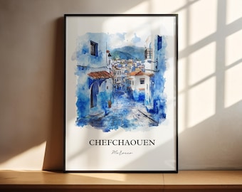シェフシャウエンの水彩画、モロッコの壁画、シェフシャウエンの街並み