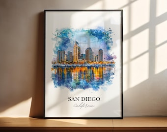 Sztuka ścienna z San Diego, wydruk z San Diego, akwarela z San Diego, prezent z panoramą San Diego, wydruk podróżniczy, plakat podróżniczy, prezent na parapetówkę