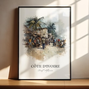 Côte d&#39;Ivoire Wand Kunst, Côte d&#39;Ivoire Druck, Elfenbeinküste Aquarell Kunst, Côte d&#39;Ivoire Geschenk, Reise Druck, Reise Poster, Housewarming Geschenk