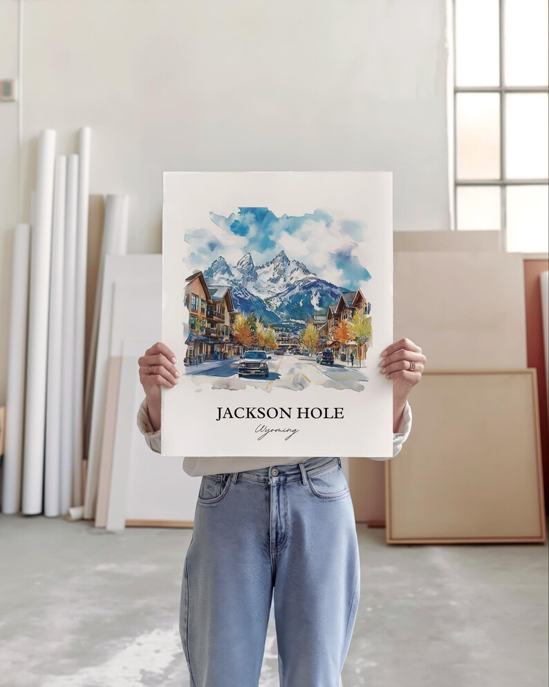 Väggkonst i Jackson Hole, tryck i Jackson, Wyoming, akvarellkonst i Wyoming, present till Jackson Hole, resetryck, reseaffisch, inflyttningspresent bild 5
