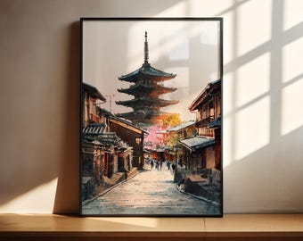 Arte de acuarela de Nara, Japón. Impresión de viajes a Nara, Japón. Obras de arte de Japón. Decoración de Nara, Japón. Arte mural de Nara.