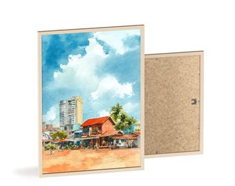 シアヌークビルの水彩画、カンボジアの旅行プリント、カンポンサオムの