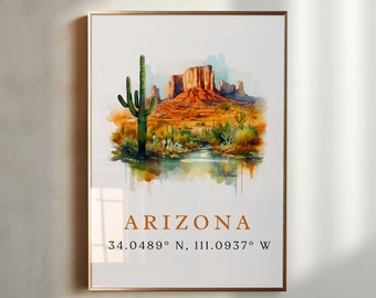 Muurkunst Arizona - Arizona posterprint met coördinaten, AZ Art - ingelijste en niet-ingelijste opties - huwelijkscadeau, verjaardagscadeau, aangepaste tekst
