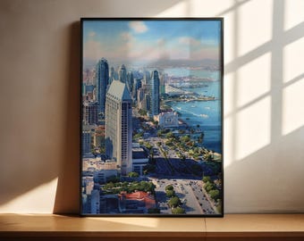 Sztuka akwarelowa w San Diego Wydruk z podróży do San Diego Dzieło sztuki w San Diego w Kalifornii Wystrój San Diego Panorama San Diego Sztuka ścienna