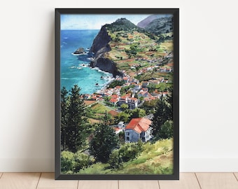 マデイラ ポルトガル 水彩アート マデイラ トラベル プリント マデイラ ポルトガル アートワーク マデイラ島の装飾 マデイラ ウォール アート