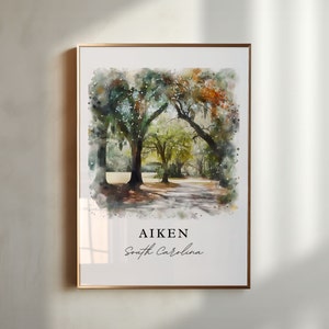 以下が含まれることがあります： 「AIKEN South Carolina」というテキストが下にある、木立の中の道を描いた水彩画です。
