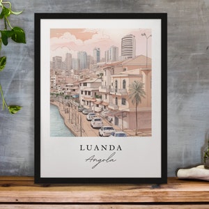 Arte tradicional de viajes de Luanda - Angola, cartel de Luanda, regalo de boda, regalo de cumpleaños, texto personalizado, regalo personalizado