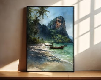 May include: Framed art print of a tropical beach scene. The artwork depicts a sandy beach with small boats on the water, lush green vegetation, and a large rock formation. The sky is a mix of blue and white, and the water is a turquoise color.