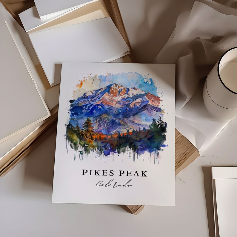 Impressão artística em aquarela de Pikes Peak, pôster de viagem para as montanhas do Colorado imagem 2