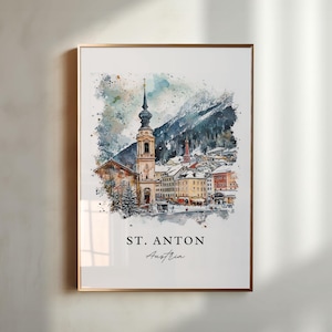 May include: A watercolor painting of St. Anton, Austria. The painting depicts a church steeple and surrounding buildings in a snowy mountain village. The text "St. Anton Austria" is written below the image.