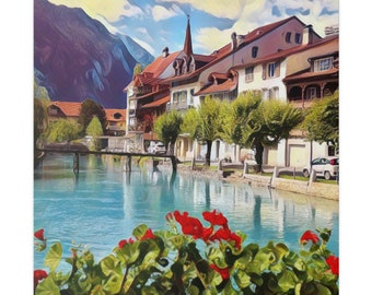 Interlaken Switzerland Watercolor Matte Canvas Print - Artificially-made Landscape Art - Unique Home Decor