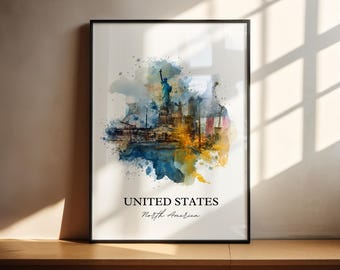 United States Art, United States Print, USA Watercolor Art, United States of America Gift, Travel Print, Travel Poster, Housewarming Gift