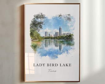 Wandbild „Lady Bird Lake“, Kunstdruck aus Austin, Texas, Aquarellkunst aus Austin, Geschenkidee „Lady Bird Lake“ in Texas, Reiseposter, Einzugsgeschenk