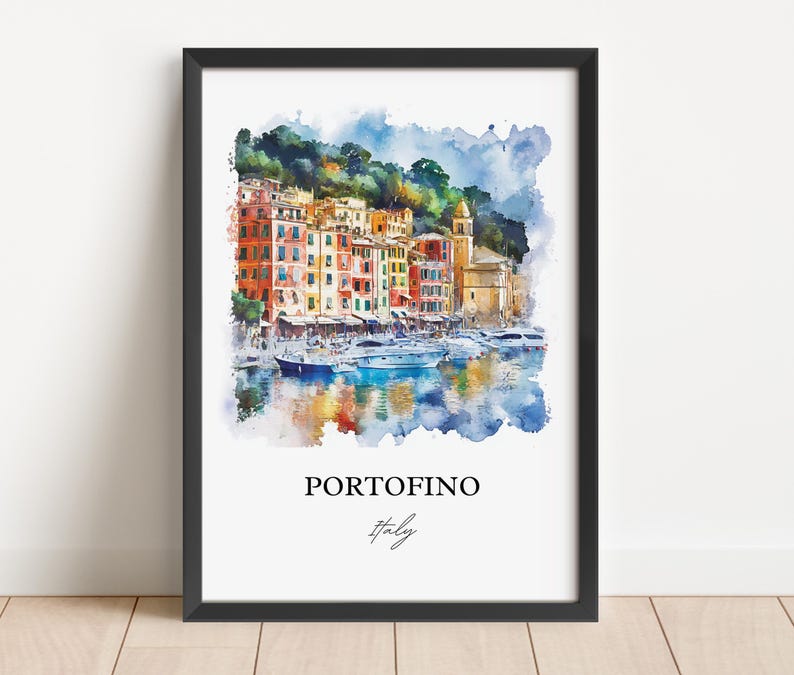 Op de afbeelding: Een aquarel schilderij van kleurrijke gebouwen in Portofino, Itali&euml;. De gebouwen zijn geclusterd op een heuvel met uitzicht op een haven met boten. Het schilderij heeft een zachte, dromerige uitstraling.