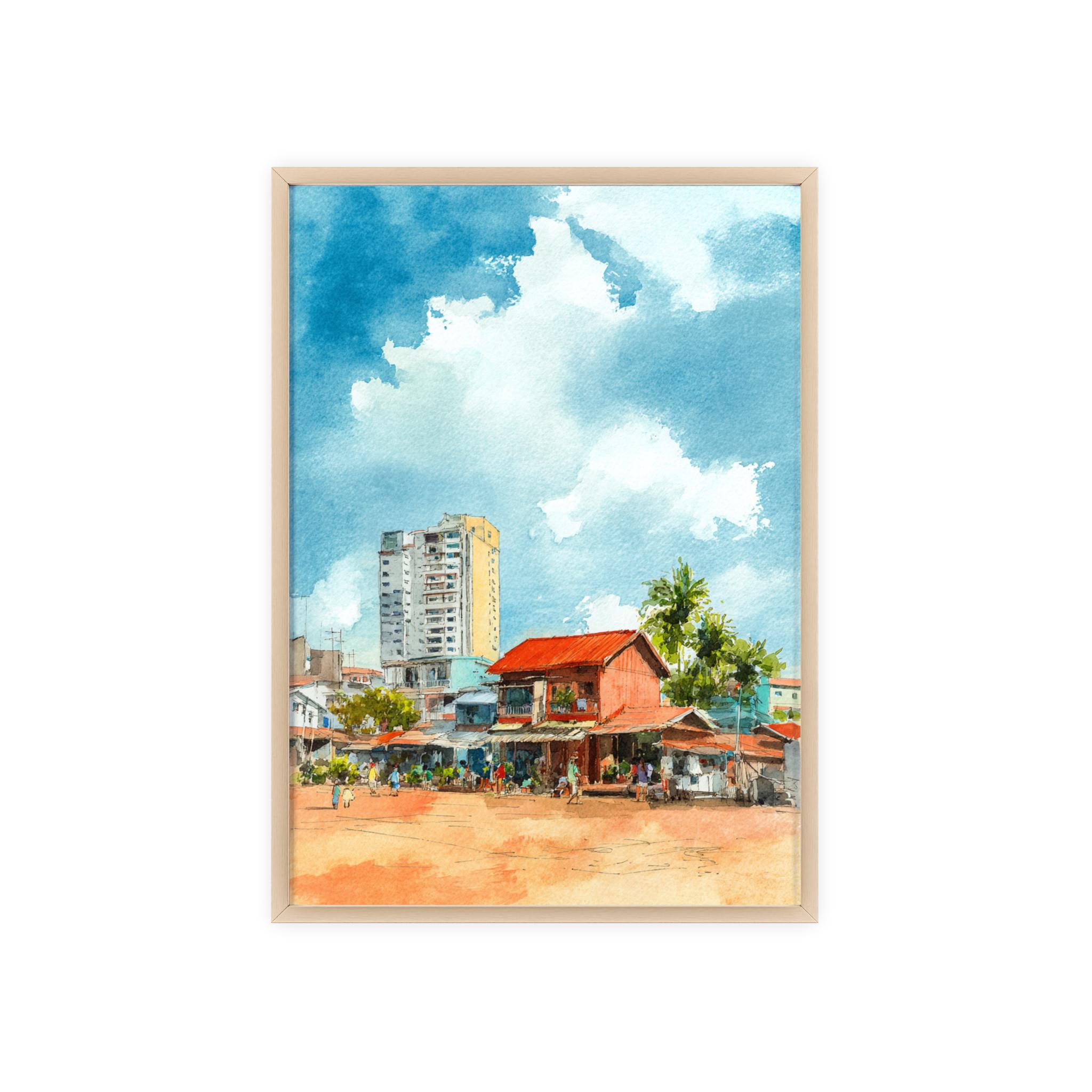 シアヌークビルの水彩画、カンボジアの旅行プリント、カンポンサオムの