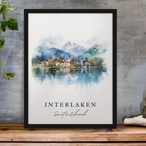 Interlaken traditional travel art - Switzerland, Interlaken poster, Wedding gift, Birthday present, Custom Text, Personalized Gift