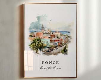Lámina artística de Ponce, Puerto Rico – Póster de viaje con paisaje urbano costero