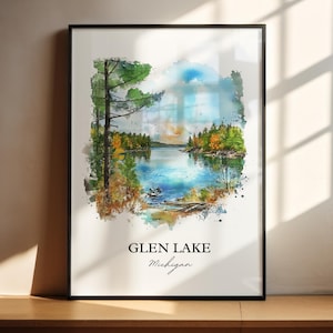 Arte mural de Glen Lake, impresión de Leelanau, acuarela de Michigan, regalo de Glen Lake Michigan, impresión de viaje, póster de viaje, regalo de inauguración de la casa