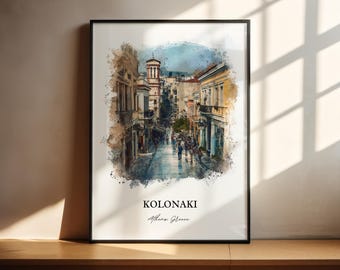 Impression aquarelle de Kolonaki Athènes Grèce, affiche de voyage, cadeau de pendaison de crémaillère