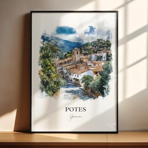 Puede incluir: Una impresión en acuarela enmarcada de Potes, España, que presenta una representación detallada de un pueblo enclavado en un valle. La obra de arte muestra edificios con tejados de terracota, exuberantes árboles verdes y un telón de fondo montañoso. La impresión está en un marco negro.