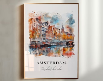 Amsterdam Wall Art, Netherlands Print, Holland Watercolor, Amsterdam Gift, Travel Poster, Housewarming Gift