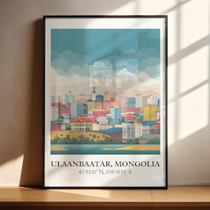 Ulaanbaatar Art, Ulaanbaatar Retro Travel Art, Mongolia Home Decor, Mongolia Gift, Mongolia Travel Art, Travel Prints, Housewarming Gift