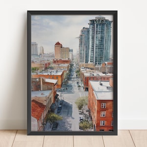 Aquarelle de Fort Worth, TX Impression voyage Fort Worth Oeuvre d'art Texas Fort Worth Décoration texane Art mural horizon de Fort Worth