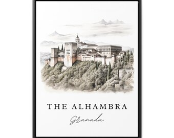 The Alhambra Pencil Sketch travel art - Granada, The Alhambra Spain print, Wedding gift, Birthday present, Custom Text, Perfect Gift