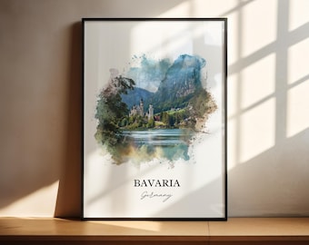 Aquarelprint Beieren Duitsland, reisposter kasteel Neuschwanstein