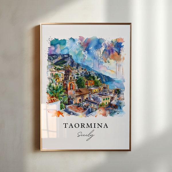 Taormina Watercolor Art, Sicily Print, Taormina Wall Art, Italy Gift, Travel Print, Travel Poster, Travel Gift, Housewarming Gift