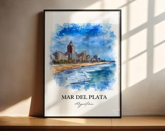 Arte mural de Mar del Plata, impresión de Mar del Plata, acuarela de Argentina, regalo de Mar del Plata, impresión de viaje, póster de viaje, regalo de inauguración de la casa