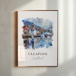 May include: A watercolor painting of a small town with a church steeple, boats in the harbor, and a mountain in the background. The town is called Ullapool, Scotland.